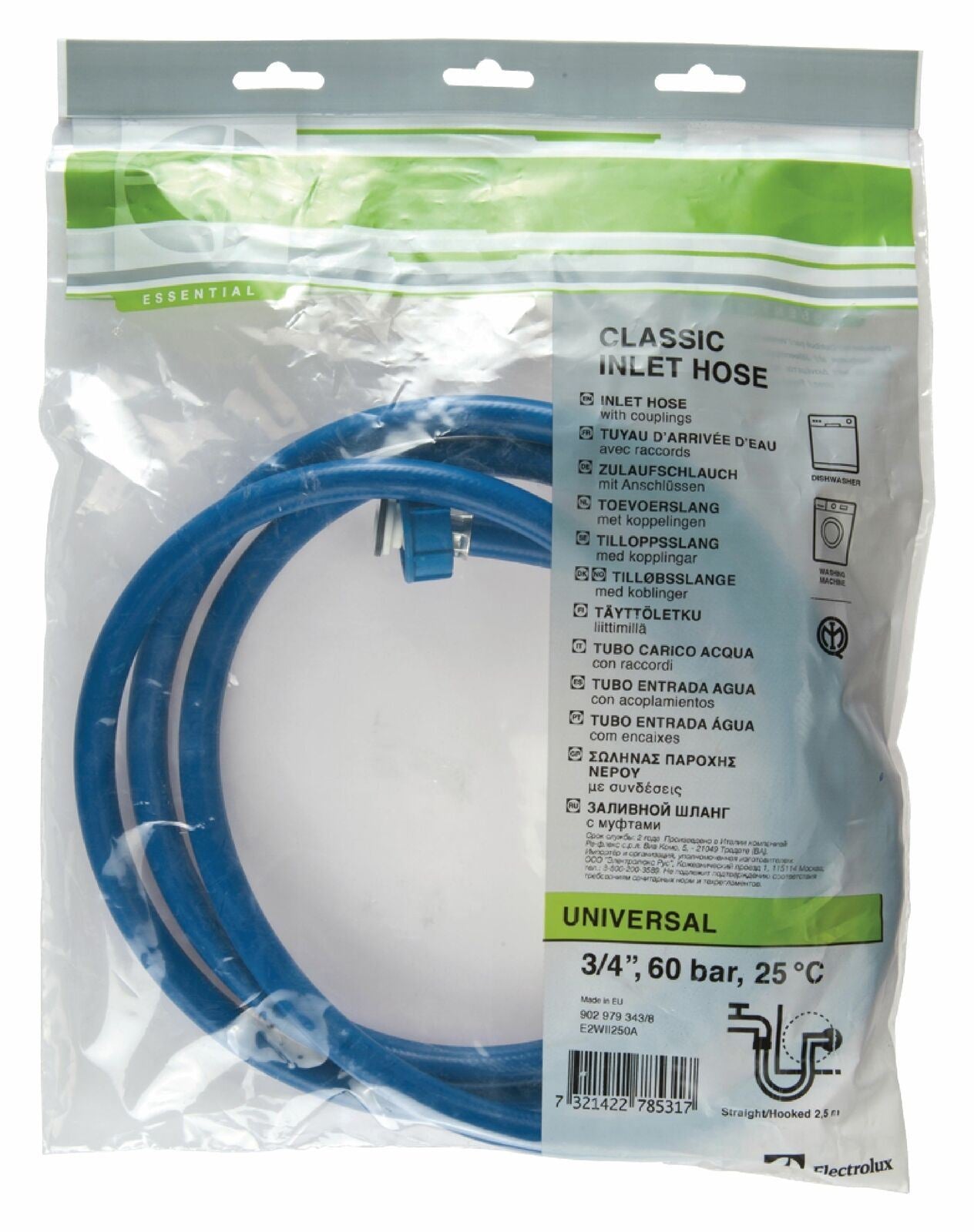 Electrolux E2WII150A Inlet Hose 3/4'' Straight - 3/4'' Angled 30 bar 25 °C 1.50 m