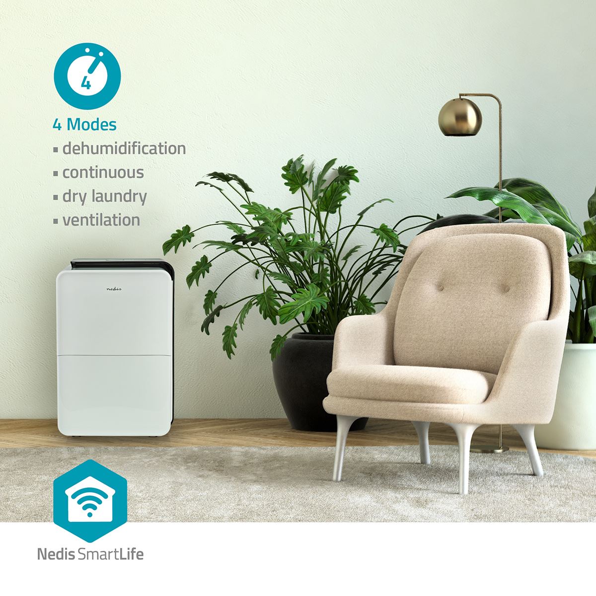Nedis SmartLife Dehumidifier | Wi-Fi | 30 l/Day | Dehumidification / Continuous / Max+ / Dry laundry / Ventilation | Android™ / IOS | Adjustable hygrostat | 210 m³/h