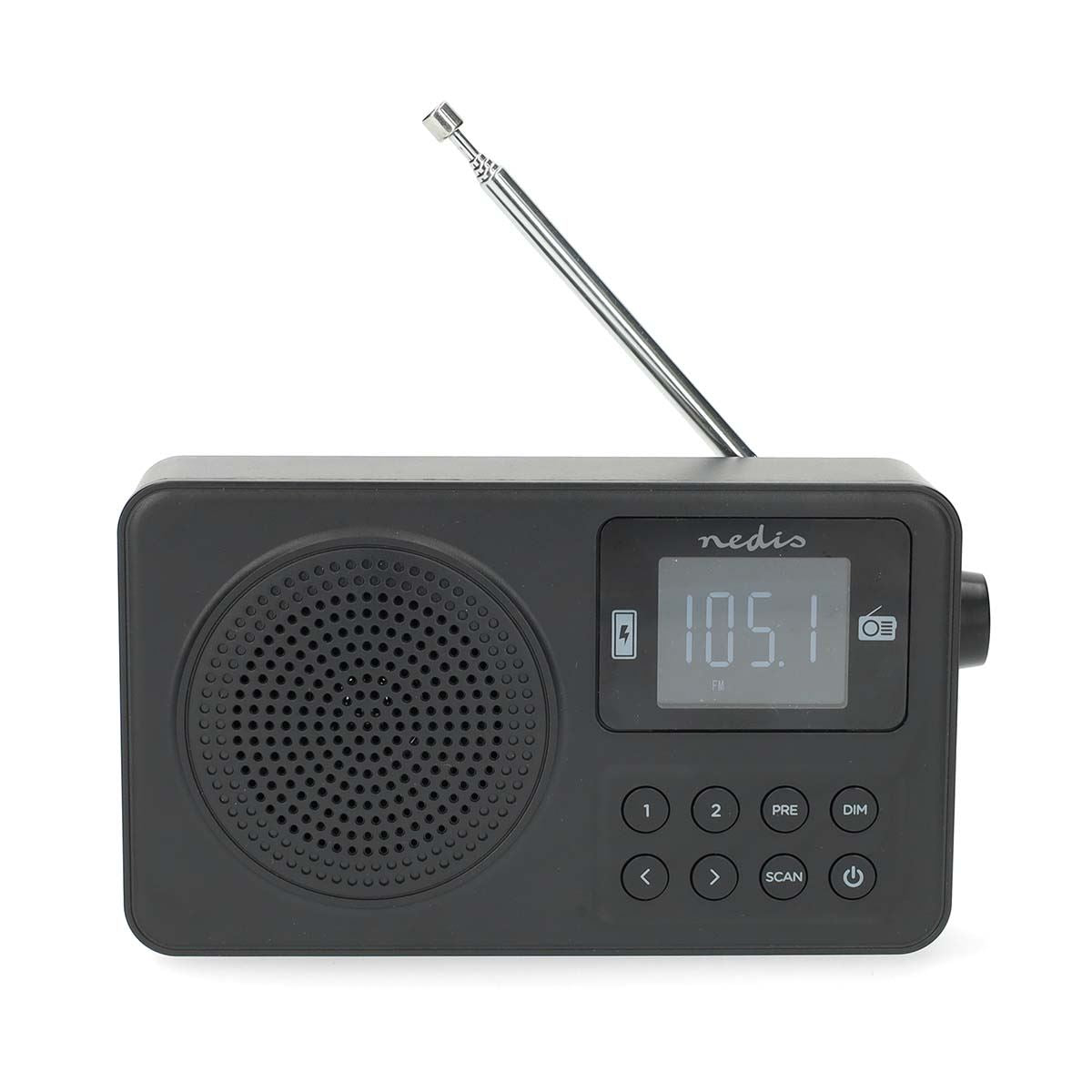 Nedis FM Radio | Portable Design | FM | Battery Powered / USB Powered | Digital | 2 W | Screen size: 1.77 " | Black White Screen | Bluetooth® | Headphone output | Alarm clock | Black