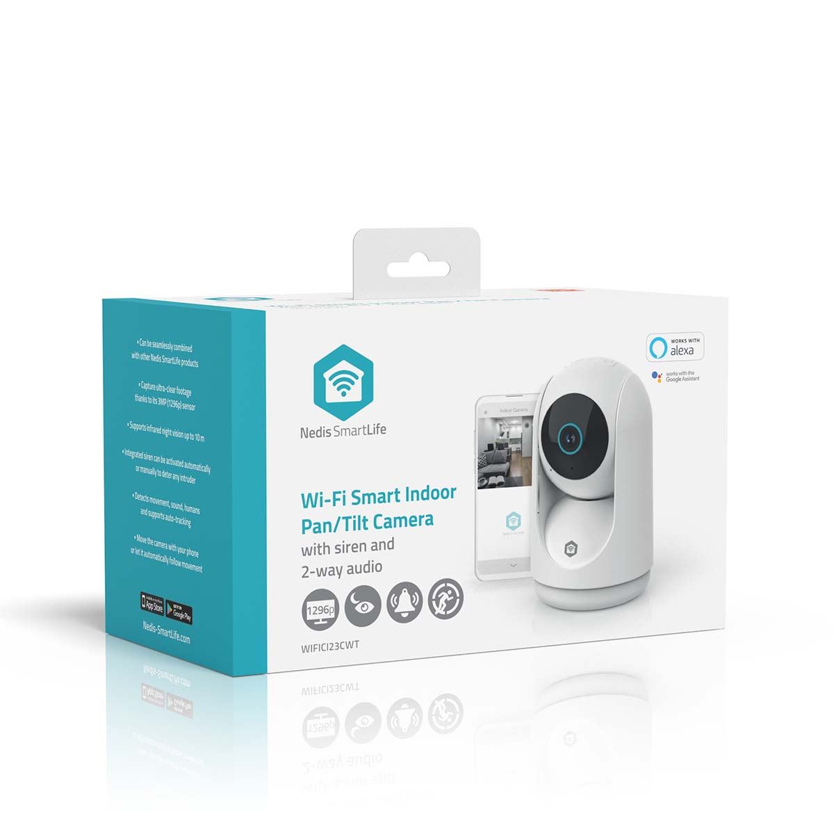 Nedis SmartLife Indoor Camera | Wi-Fi | 3MP Full HD 1296p | Pan tilt | Cloud Storage (optional) / microSD (not included) / Onvif | With motion sensor | Night vision | White