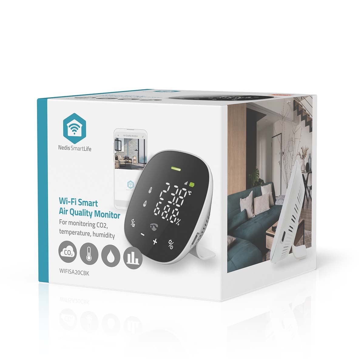 Nedis SmartLife Air Quality Monitor | Wi-Fi | Including display | Carbon Dioxide (CO2) / Humidity / Temperature | Android™ / IOS | Black / White