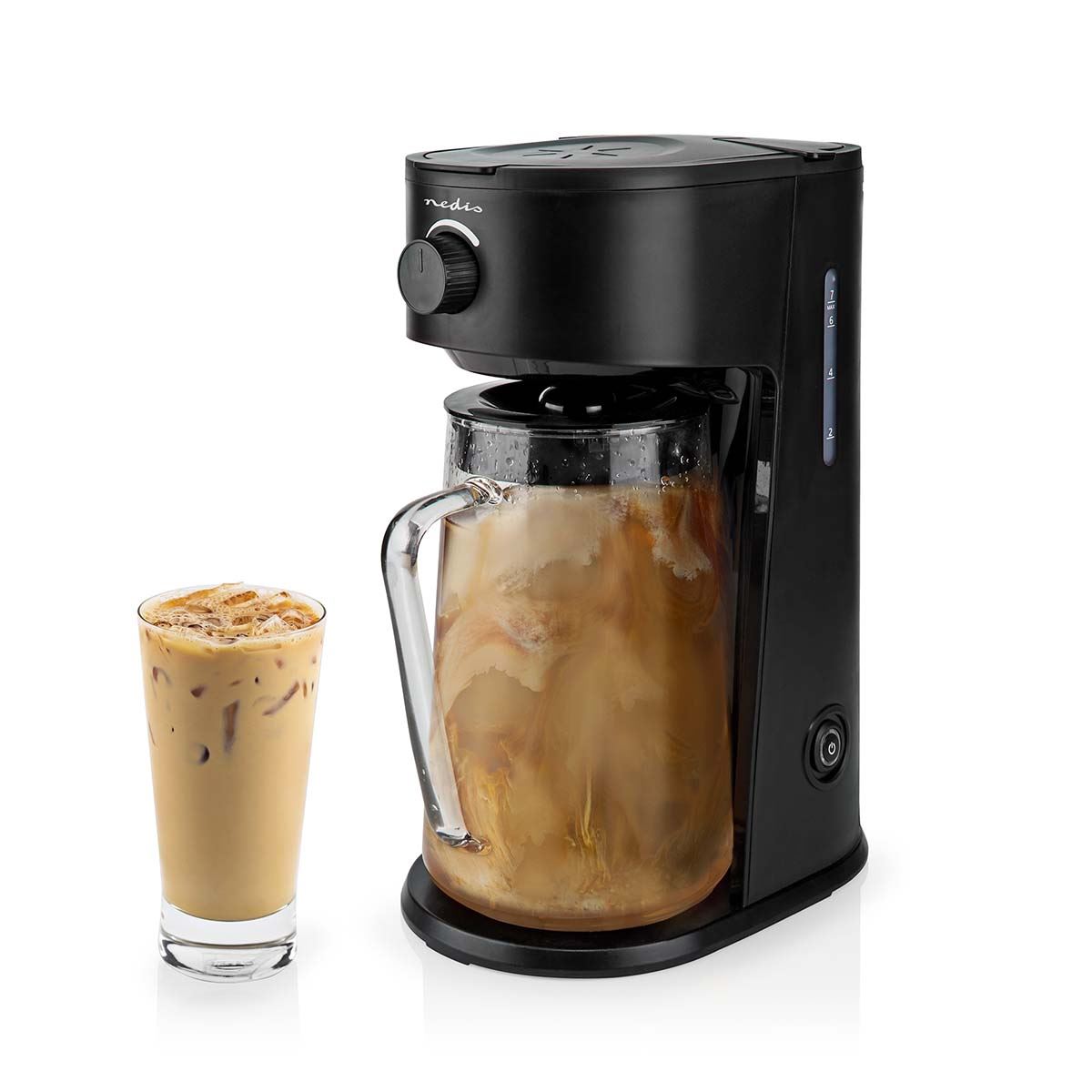 Nedis Ice Tea and Iced Coffee Maker - Hot & Cold Brewing with 2.5L Pitcher, 700W Power, Adjustable Strength Dial, Pod-Free Brewing, Dishwasher-Safe, Black