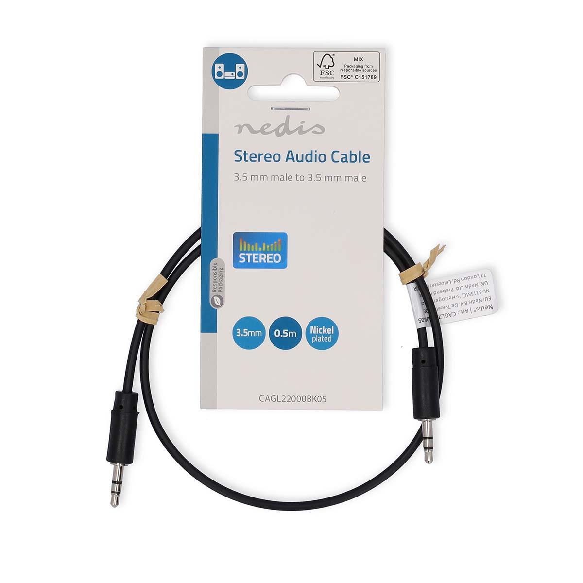Nedis CAGL22000BK05 | Stereo Audio Cable | 3.5 mm Male | 3.5 mm Male | Nickel Plated | 0.50 m | Round | Black | Label