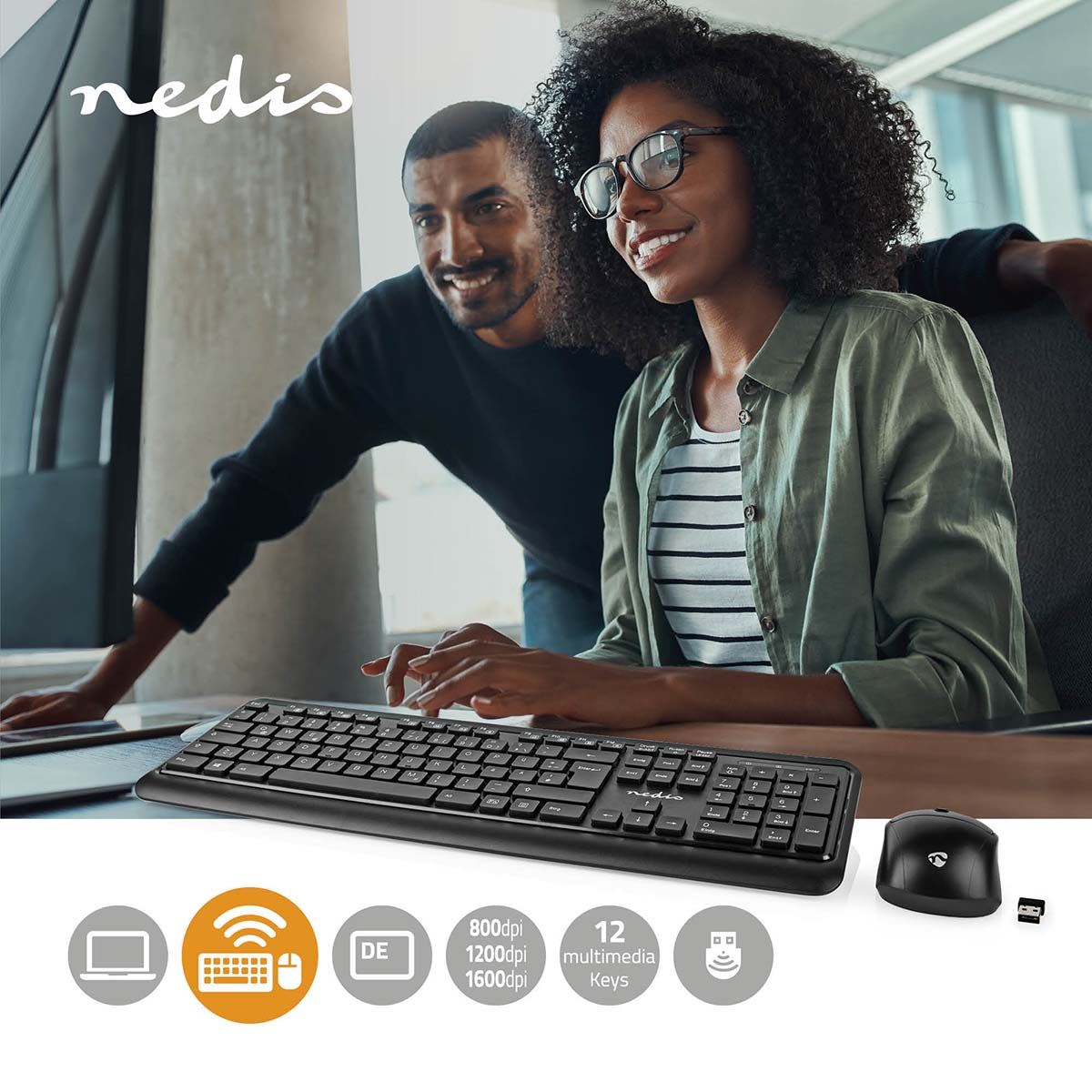 Nedis Mouse and Keyboard Set | Wireless | Mouse and keyboard connection: USB | 800 / 1200 / 1600 dpi | Adjustable DPI | QWERTZ | DE Layout
