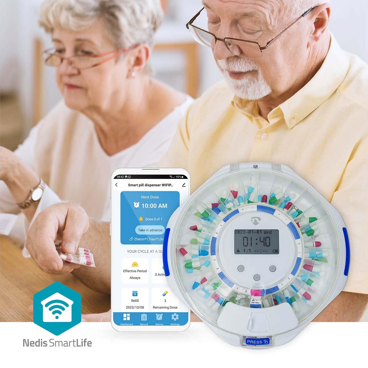 Nedis SmartLife Pill Dispenser | Wi-Fi | 28 Compartments | Number of alarmtimes: 9 Alarm Times Per Day | Beep / Light / Voice | LCD display | White