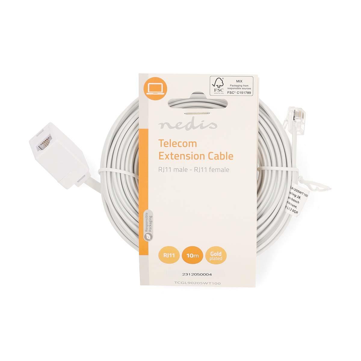 Nedis Telecom Extension Cable | RJ11 Male | RJ11 Female | 10.0 m | Cable design: Flat | Plating: Gold Plated | Cable type: RJ11 | White | Label