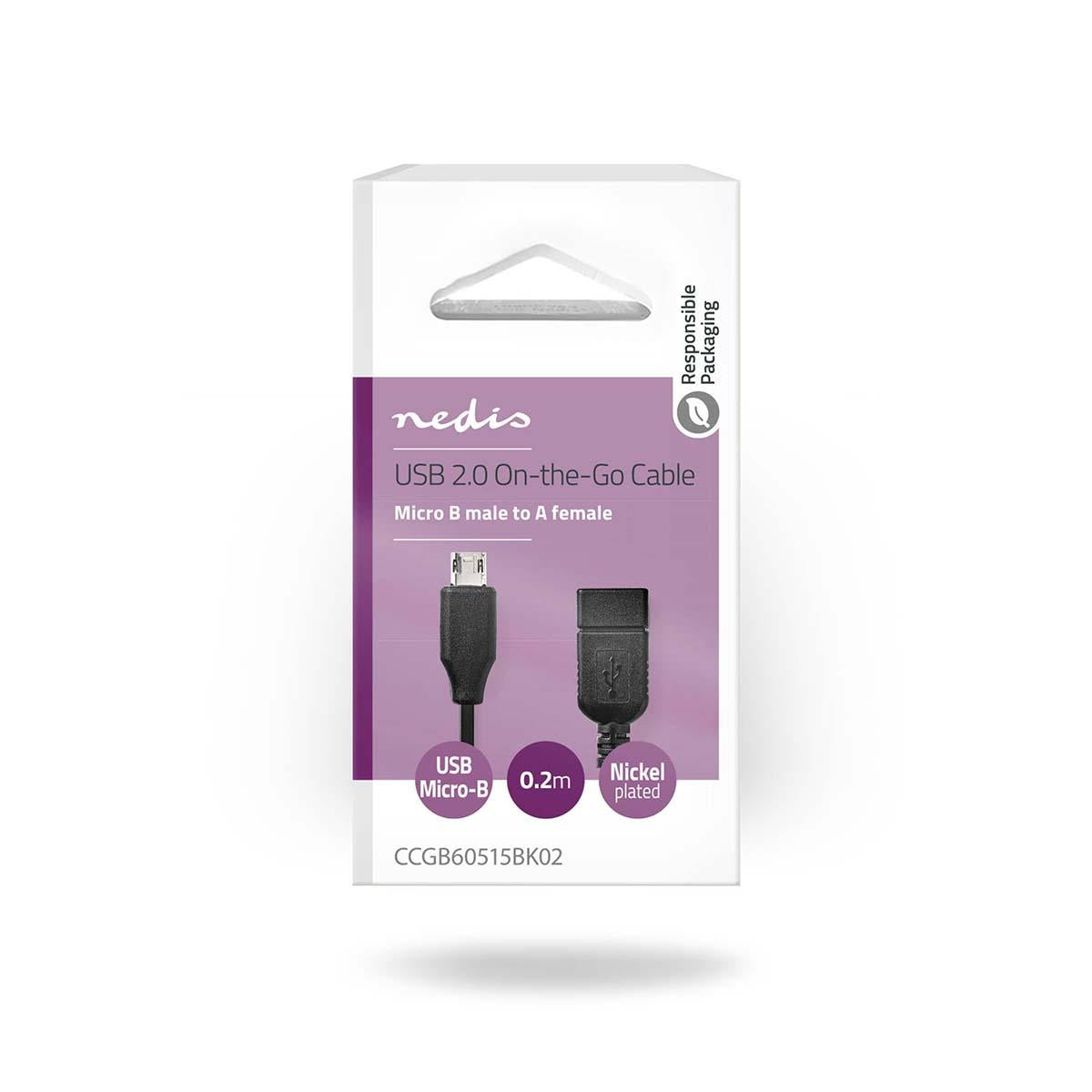 Nedis USB Micro-B Adapter | USB 2.0 | USB Micro-B Male | USB-A Female | 480 Mbps | 0.20 m | Round | Nickel Plated | PVC | Black | Box