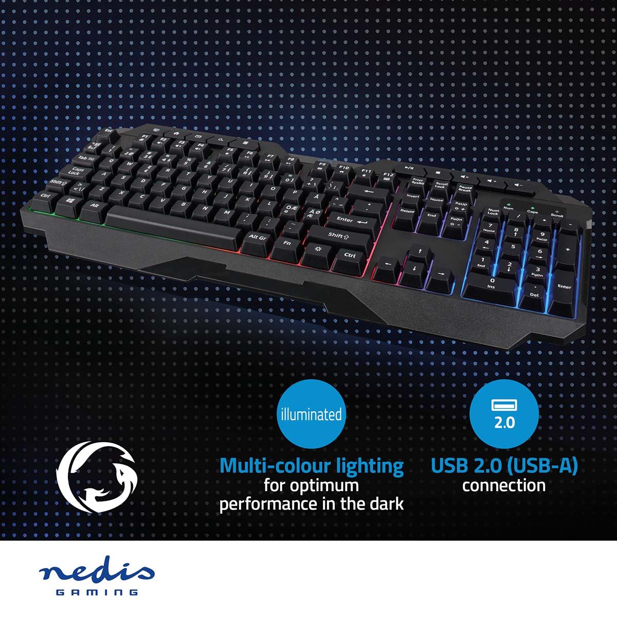 Nedis Wired Gaming Keyboard | USB Type-A | Membrane Keys | LED | QWERTY | ND Layout | USB Powered | Power cable length: 1.30 m | Multimedia