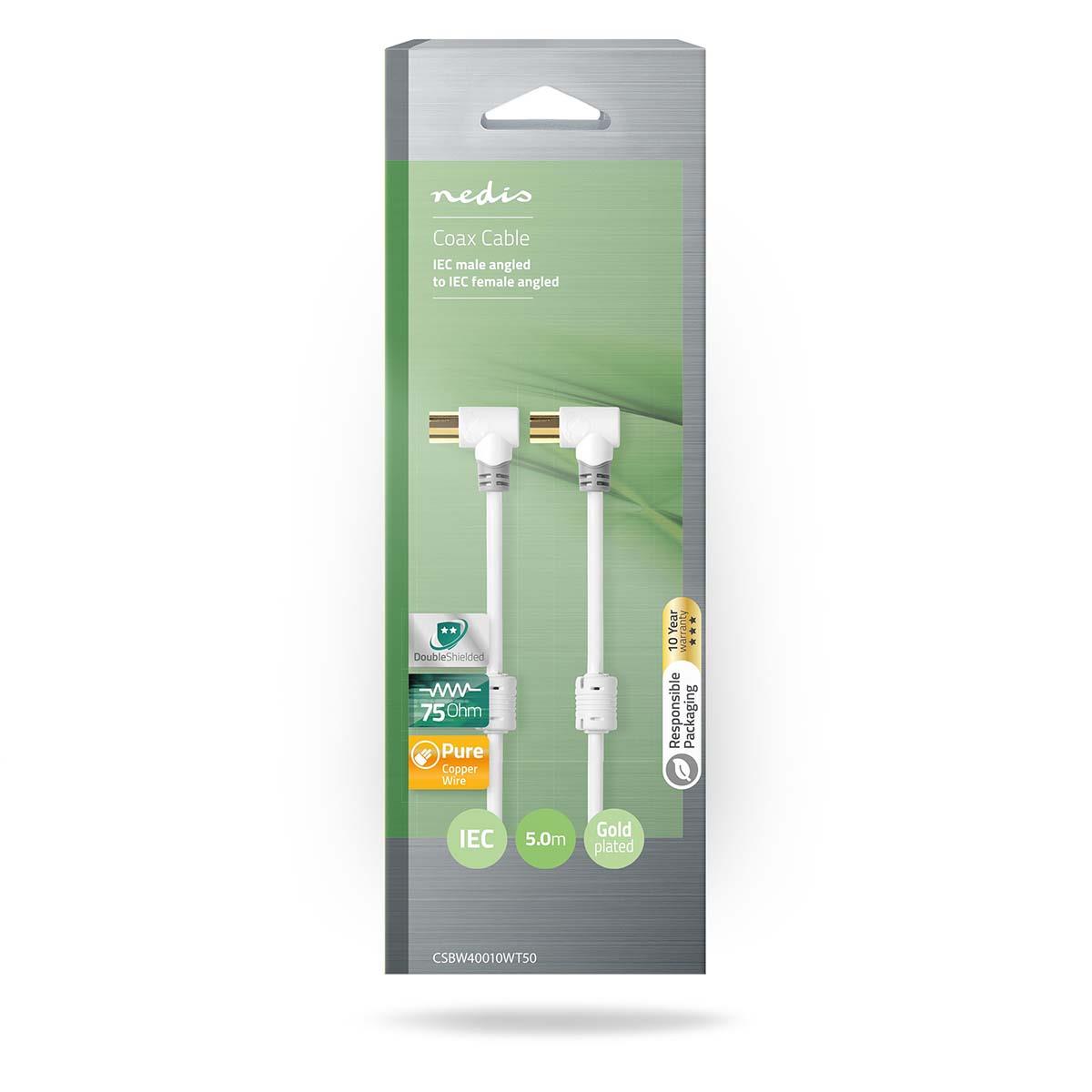 Nedis CSBW40010WT50 | Coax Cable | IEC (Coax) Male | IEC (Coax) Female | Gold Plated | 100 dB | 75 Ohm | Double Shielded | 5.00 m | Round | PVC | White | Box