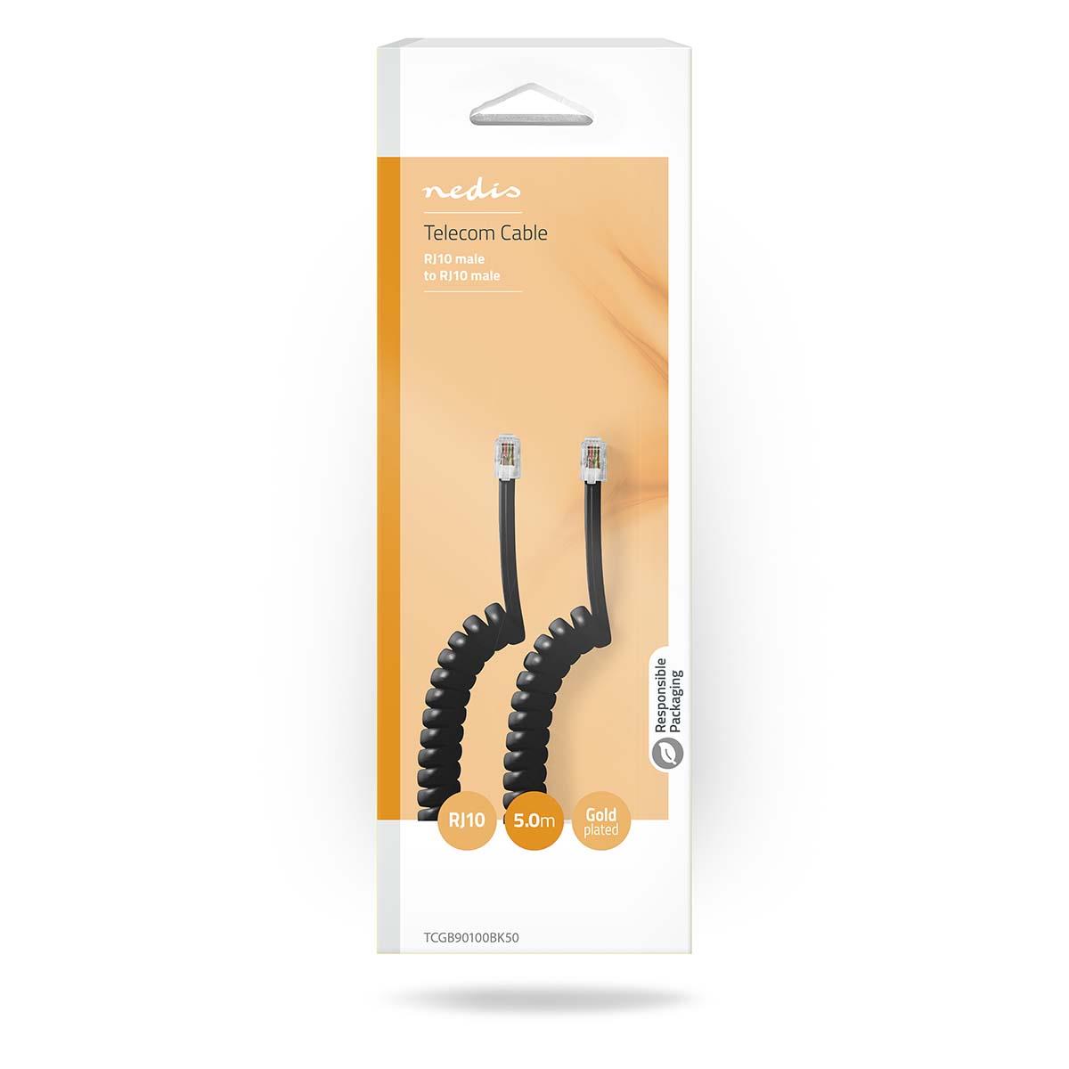 Nedis Telecom Cable | RJ10 Male | RJ10 Male | 5.00 m | Cable design: Coiled | Cable type: RJ10 | Black | Envelope