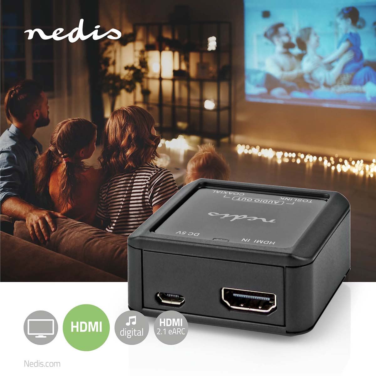 Nedis Digital Audio Converter | 1-way | Connection input: DC Power / HDMI™ Input | Connection output: 1x Coax Audio / 1x TosLink Female | Automatic | Anthracite