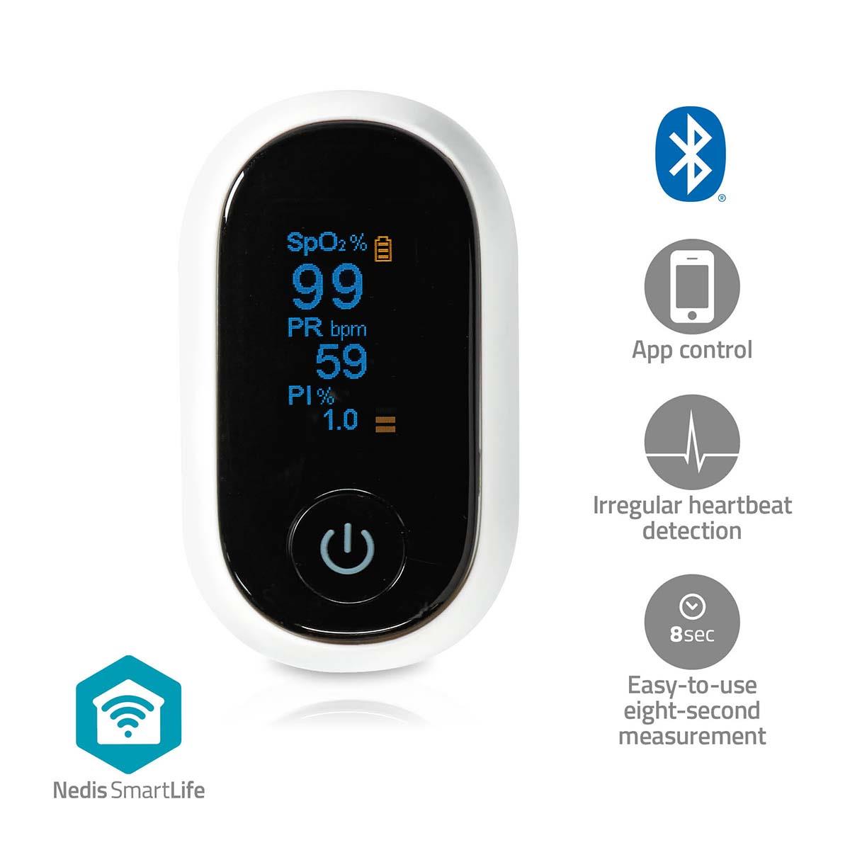 Nedis SmartLife Pulse Oximeter | Bluetooth® | OLED Display | Anti-movement interference / Auditory alarm / High precision sensor / Oxygen saturation (SpO2) / Perfusion index (PI) / Pulse rate (PR) | White