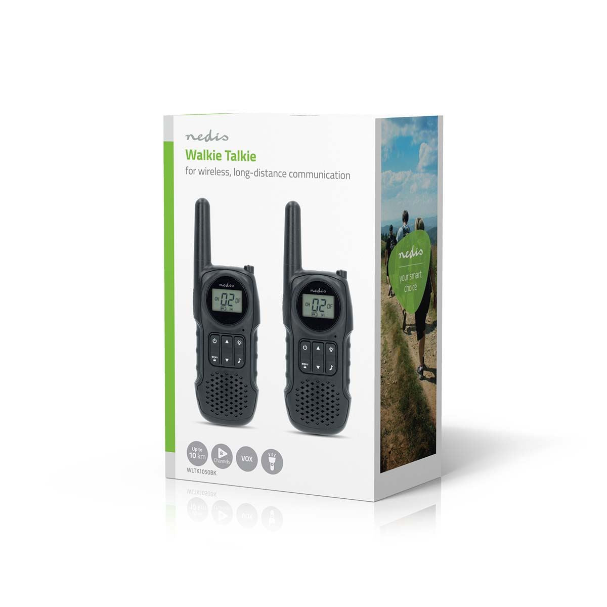 Nedis Walkie-Talkie Set | 2 Handsets | Up to 10 km | Frequency channels: 8 | PTT / VOX | up to 3 Hours | Headphone output | Black