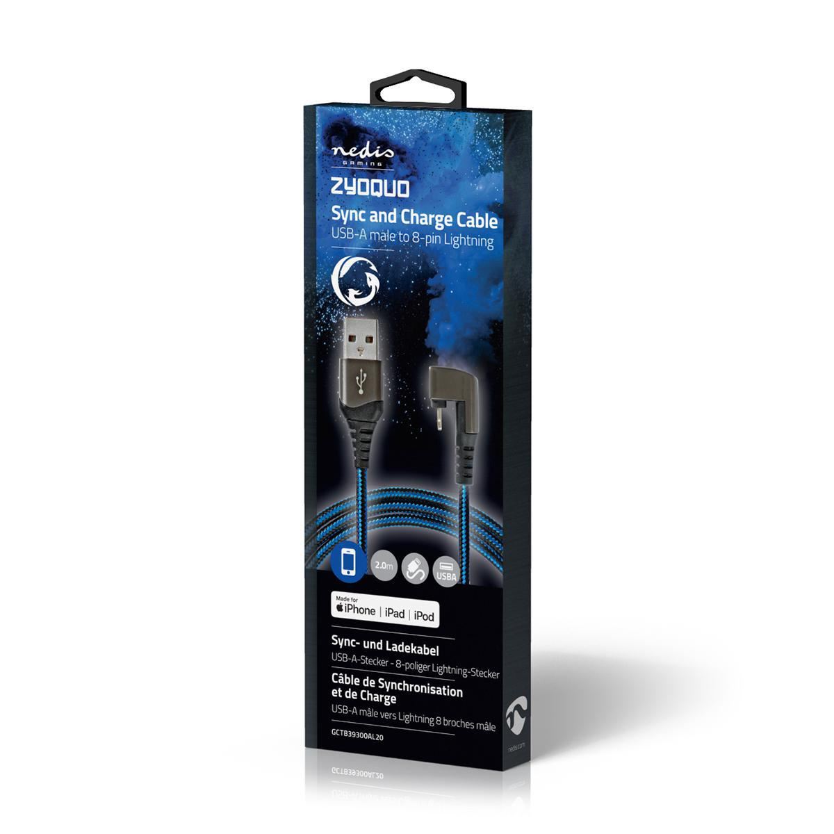 Nedis USB Cable | USB 2.0 | Apple Lightning 8-Pin | USB-A Male | 12 W | 480 Mbps | Nickel Plated | 2.00 m | Round | Braided / Nylon | Black / Blue | Cover Window Box