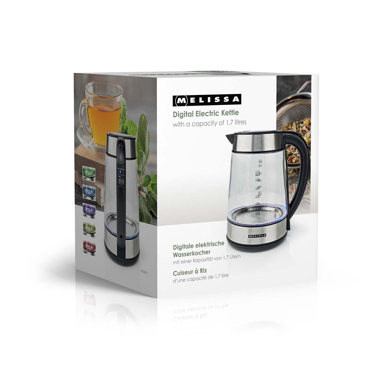 MELISSA Digital Electric Kettle | 1.7 l | 2200 W | Glass | 50/70/80/90/100 °C Presets | 360° pirouette base | Concealed heating element | Strix® controller | Keep-warm function | Boil-dry protection