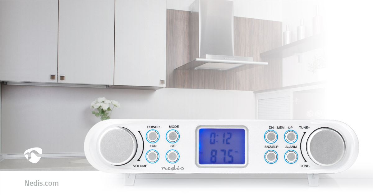 Nedis Kitchen Radio | Cabinet Design | FM | Mains Powered | Digital | 1.5 W | 2 " | Black Blue Screen | Alarm clock | Silver / White