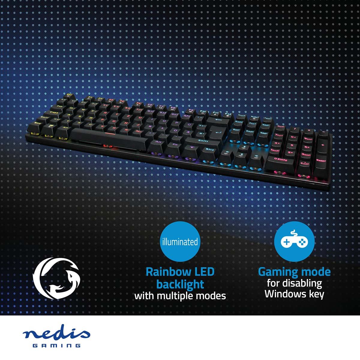 Nedis Wired Gaming Keyboard | USB Type-A | Mechanical Keys | LED | German | DE Layout | USB Powered | Power cable length: 1.50 m | Gaming