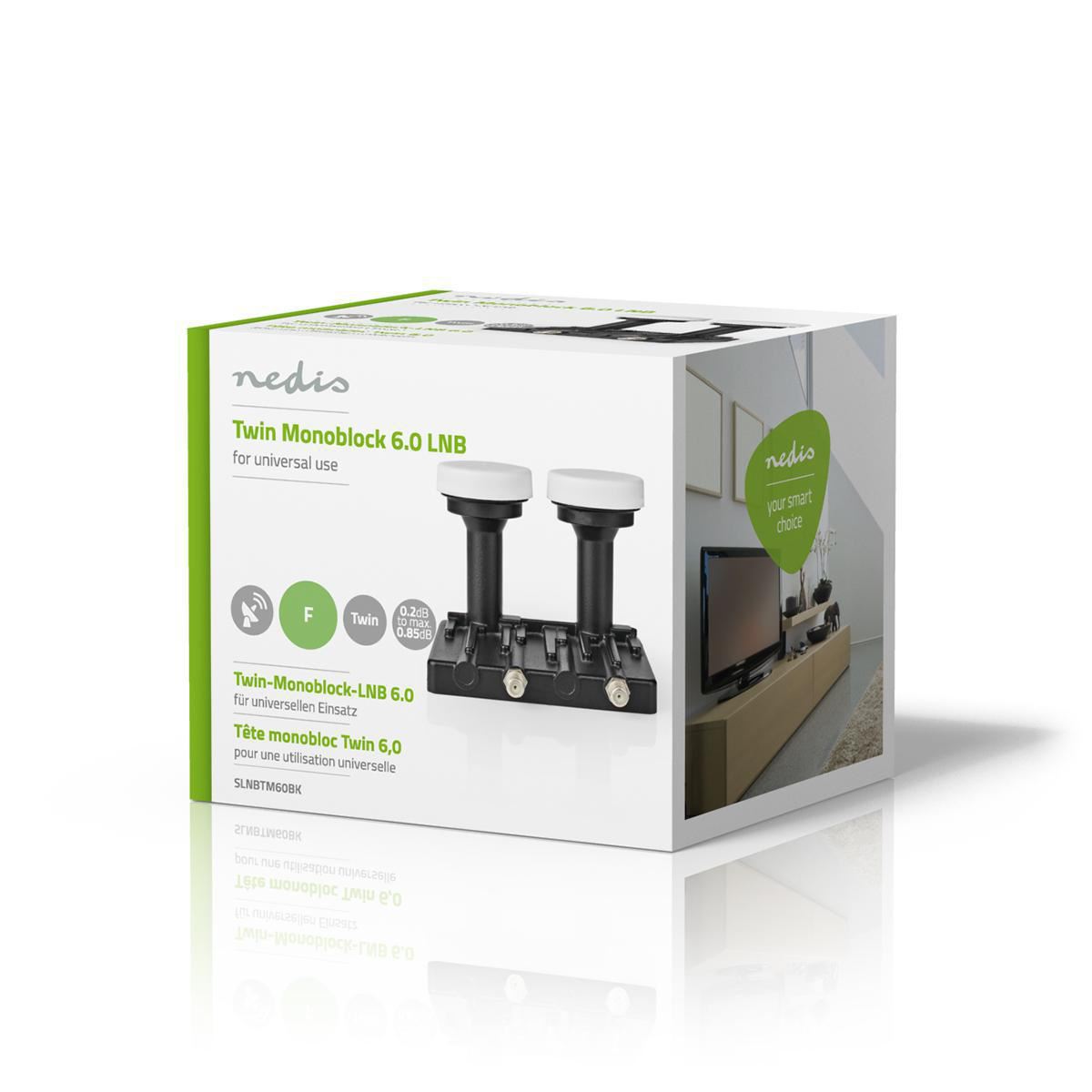 Nedis LNB | Twin Monoblock 6.0° | Output connection: 2x F-Connector | Noise figure range: 0.85 dB | Conversion gain: 52 - 67 dB | Black | Suitable for: Astra+ / Hotbird