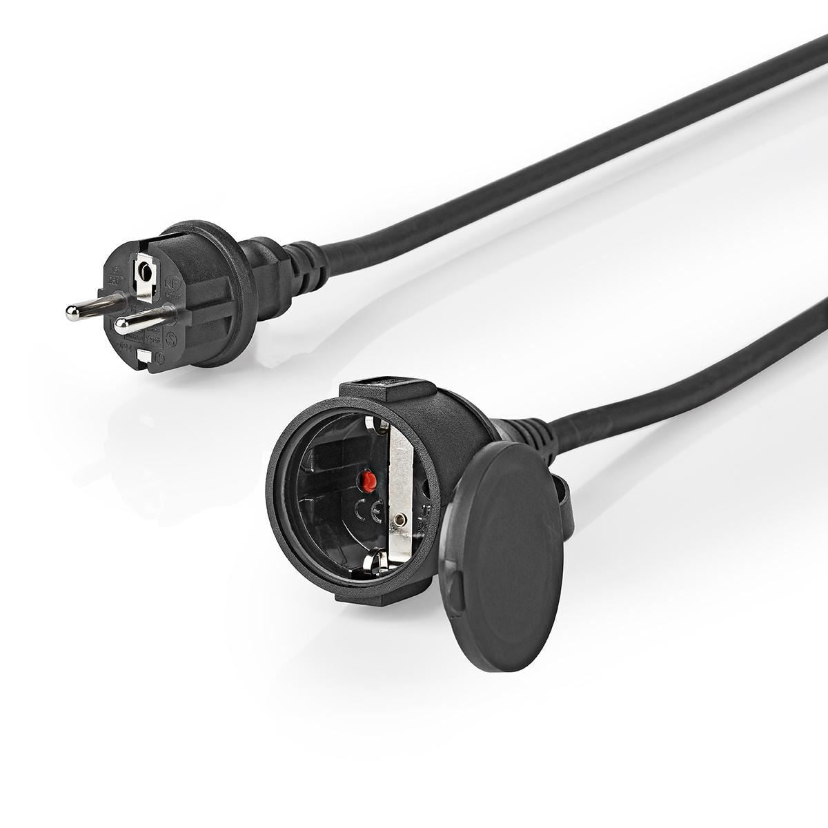Nedis Power Extension Cable | Plug with earth contact male | Plug with earth contact female | Straight | Straight | Nickel Plated | 20.0 m | Round | IP44 | Black | Shrink Pack