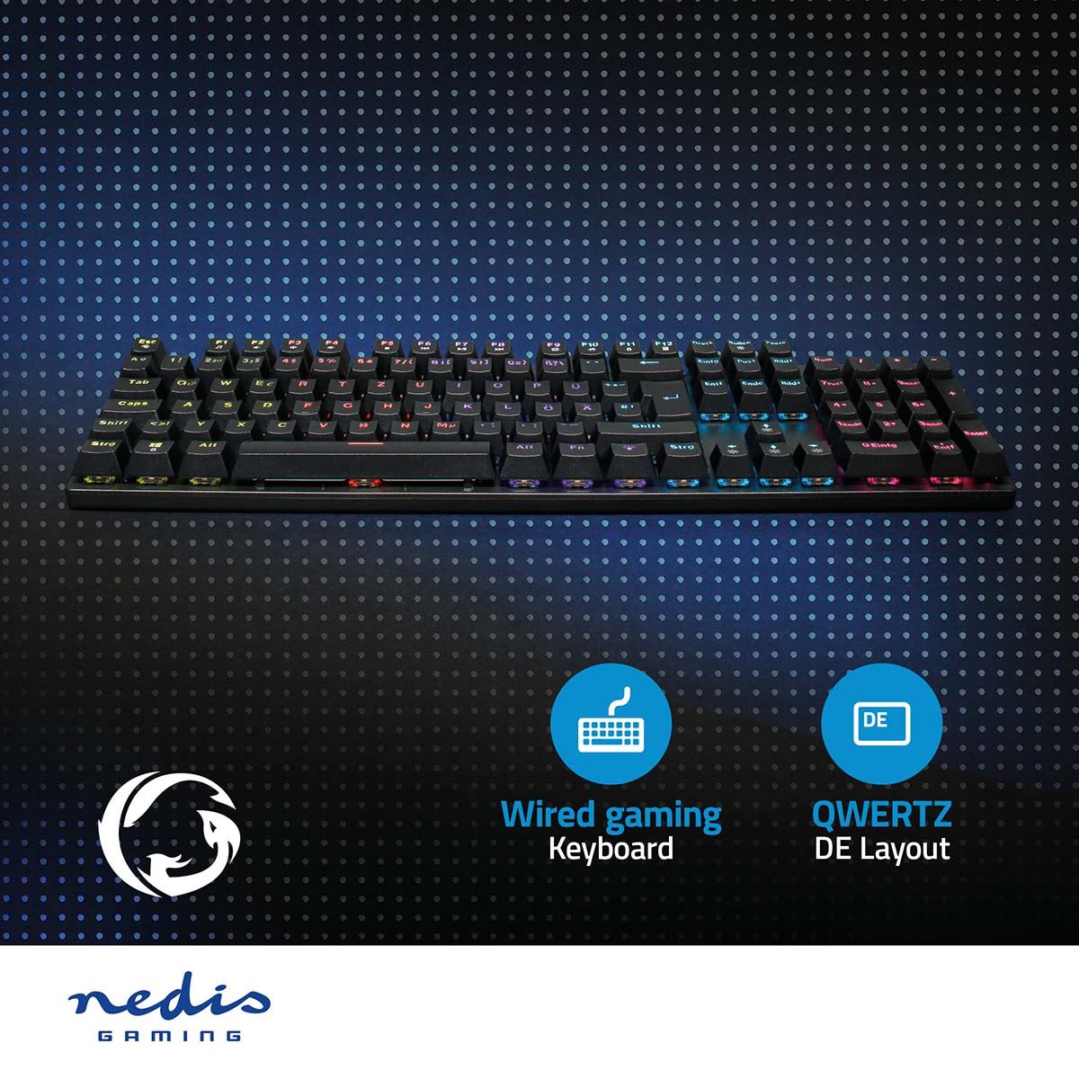 Nedis Wired Gaming Keyboard | USB Type-A | Mechanical Keys | LED | German | DE Layout | USB Powered | Power cable length: 1.50 m | Gaming