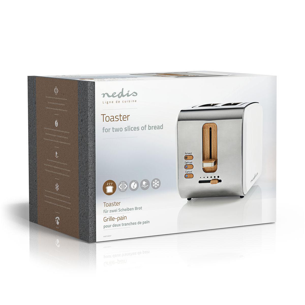 Nedis Toaster | Soft Touch Series | 2 Bread Slices | 2 Slots | Browning levels: 6 | Defrost feature | White