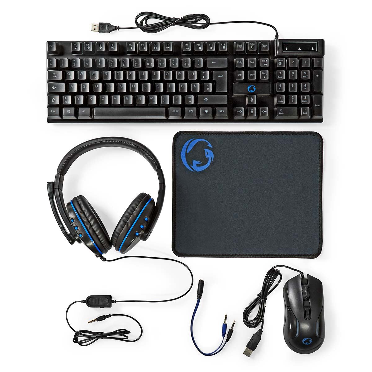 Nedis Gaming Combo Kit | 5-in-1 | Keyboard, Headset, Mouse and Mouse Pad | Black | QWERTZ | DE Layout