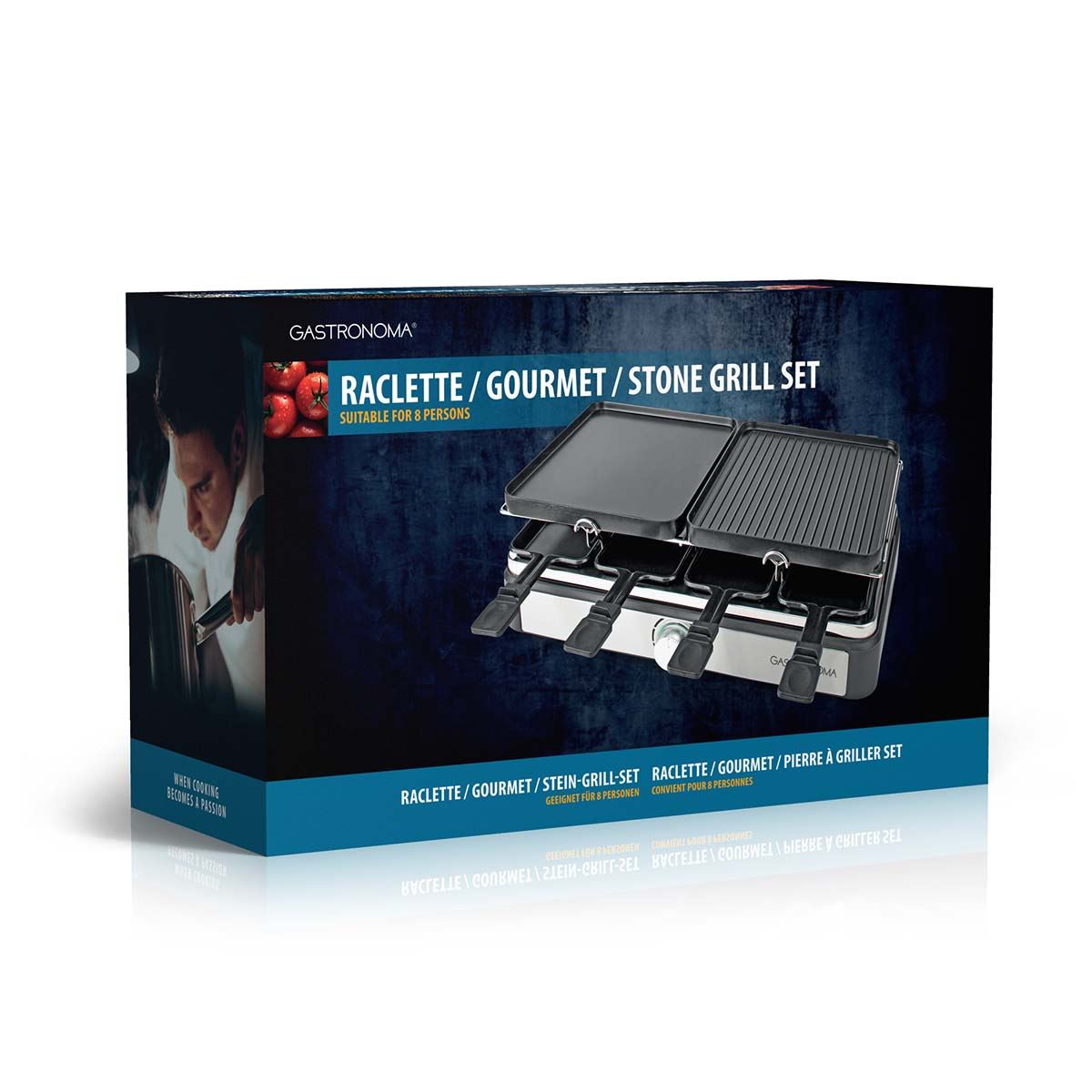 Gastronoma 18300101 | Raclette/Gourmet/Stone Grill Set | 8 Persons | 1400 W | 2 Reversible Grill Plates | Non-stick coating | Stone Plate | Black / Stainless Steel