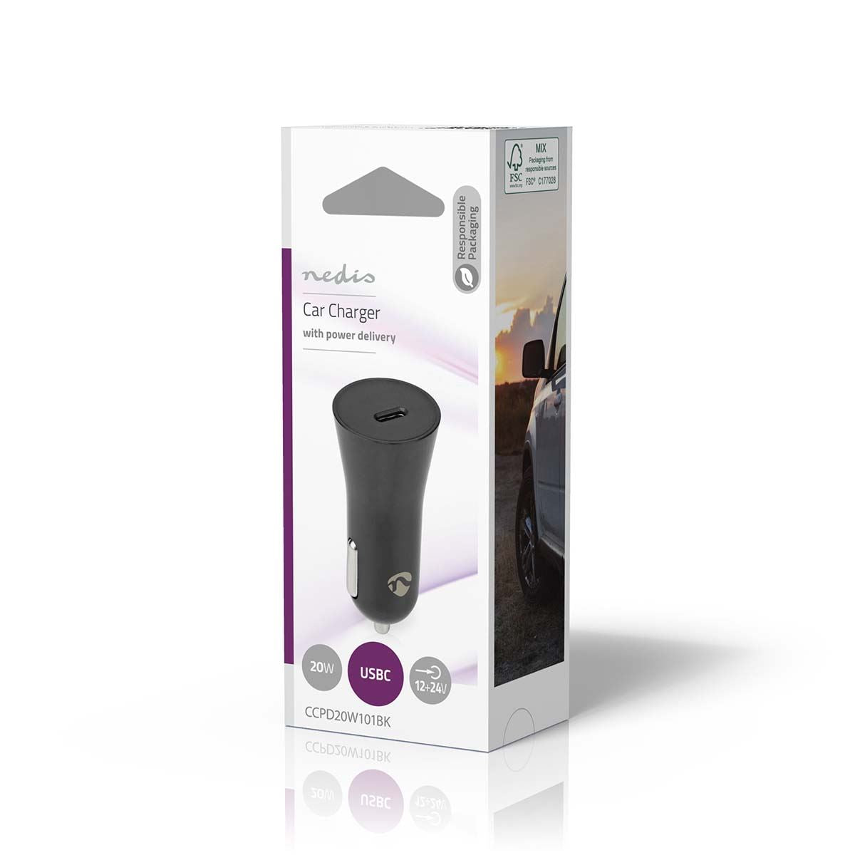 Nedis Car Charger | 20 W | 1.67 / 2.22 / 3.0 A | Number of outputs: 1 | Port type: USB-C™ | Automatic Voltage Selection