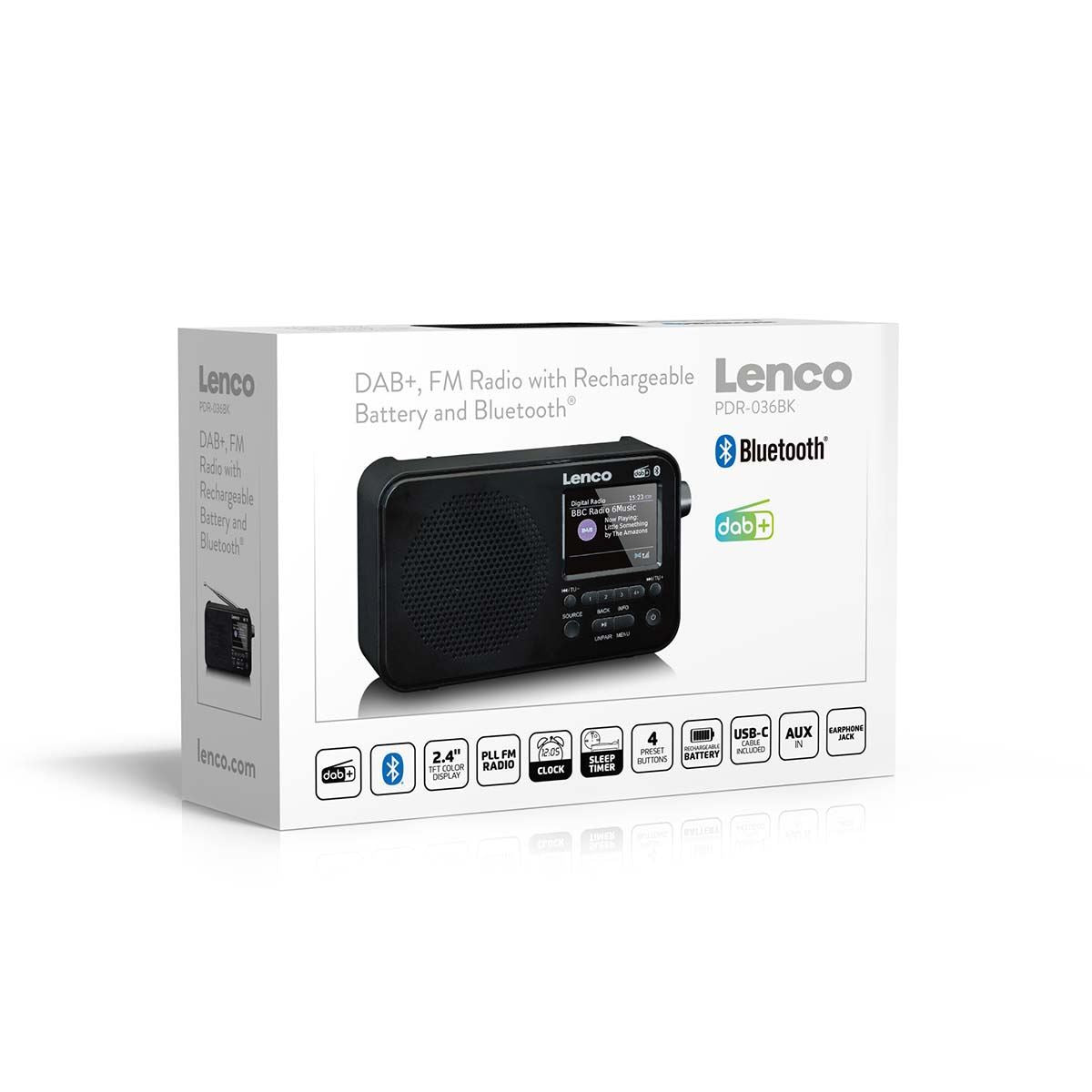 Lenco PDR-036BK | Portable DAB+ FM Radio with Bluetooth® Speaker | 2.4" TFT LCD Display | Black