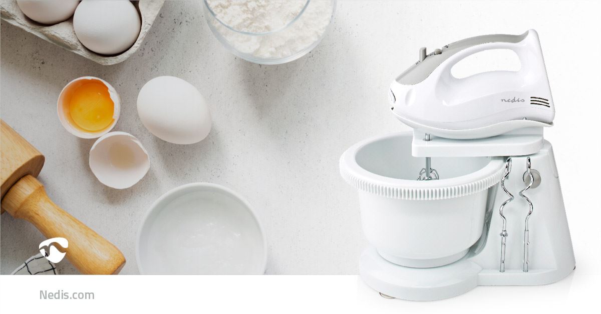 Nedis Hand Mixer | 200 W | 5-Speed Setting | Turbo function | Turning Bowl / 2 Beaters / 2 Dough Hooks | Grey / White