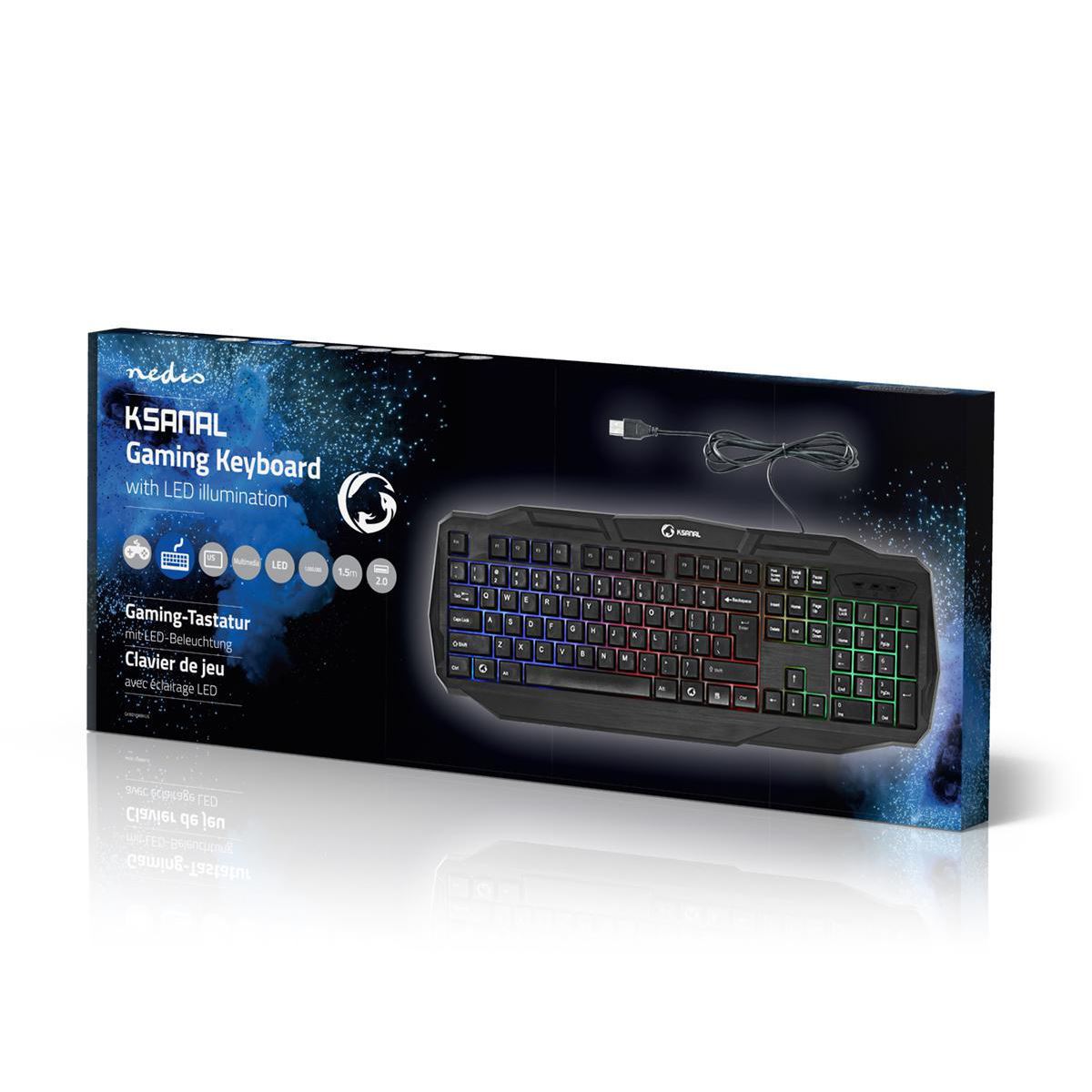 Nedis Wired Gaming Keyboard | USB 2.0 | Membrane Keys | LED | US International | US Layout | USB Powered | Power cable length: 1.50 m | Gaming