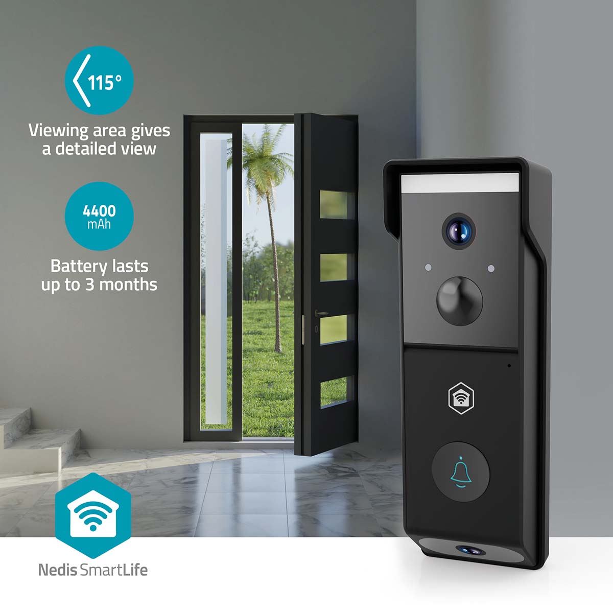 Nedis SmartLife Video Doorbell | Wi-Fi | Battery Powered | Full HD 1080p | Cloud Storage (optional) / microSD (not included) | IP54 | With motion sensor | Night vision | Black