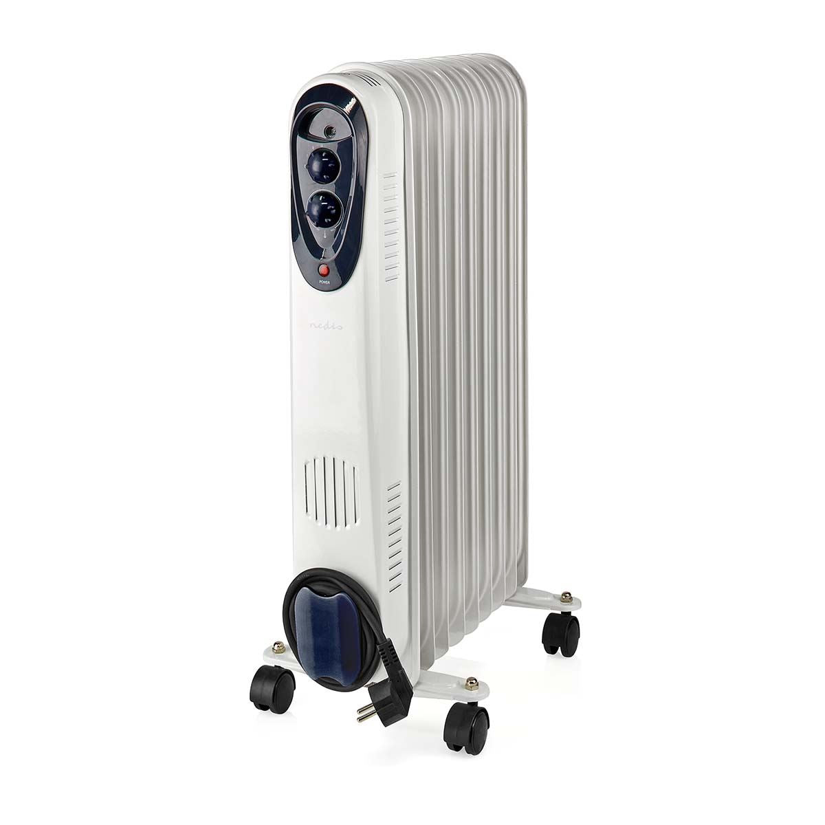 Nedis Mobile Oil Radiator | 800 / 1200 / 2000 W | 9 Fins | Adjustable thermostat | 3 Heat Settings | Fall over protection | White