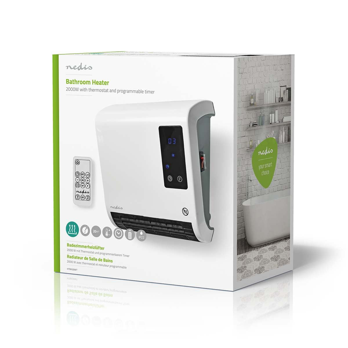Nedis Bathroom Heater | 2000 W | Adjustable thermostat | 2 Heat Modes | IP22 | Remote control | White