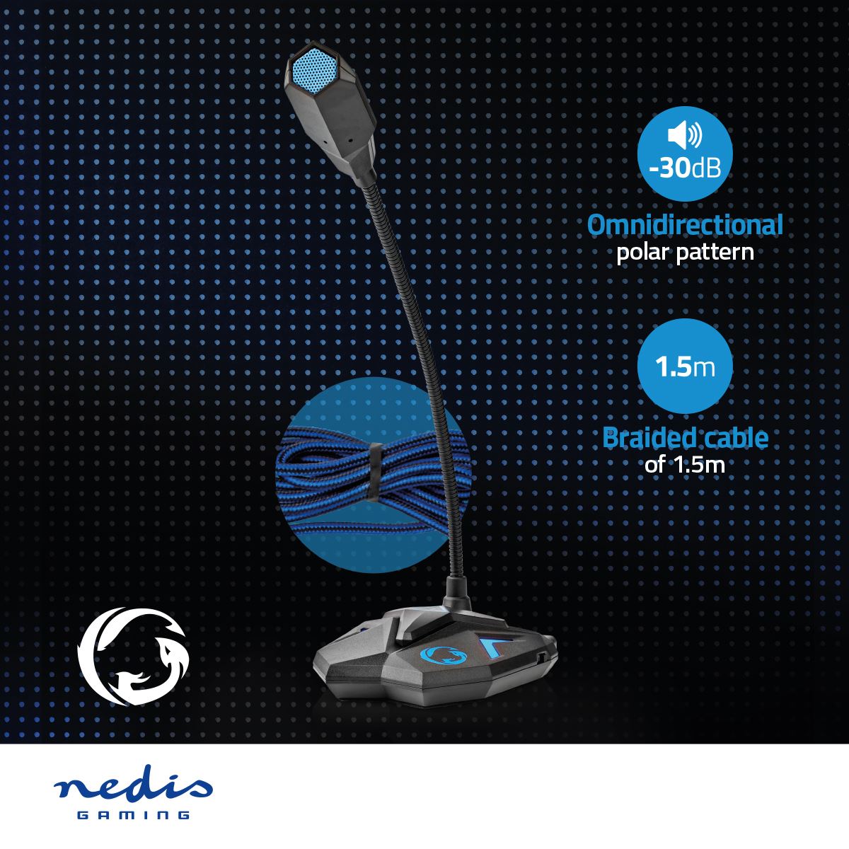 Nedis Streaming & Gaming Microphone | Used for: Desktop / Notebook | USB | Connection output: 1x 3.5 mm Audio Out | On/Off switch | Headphone output