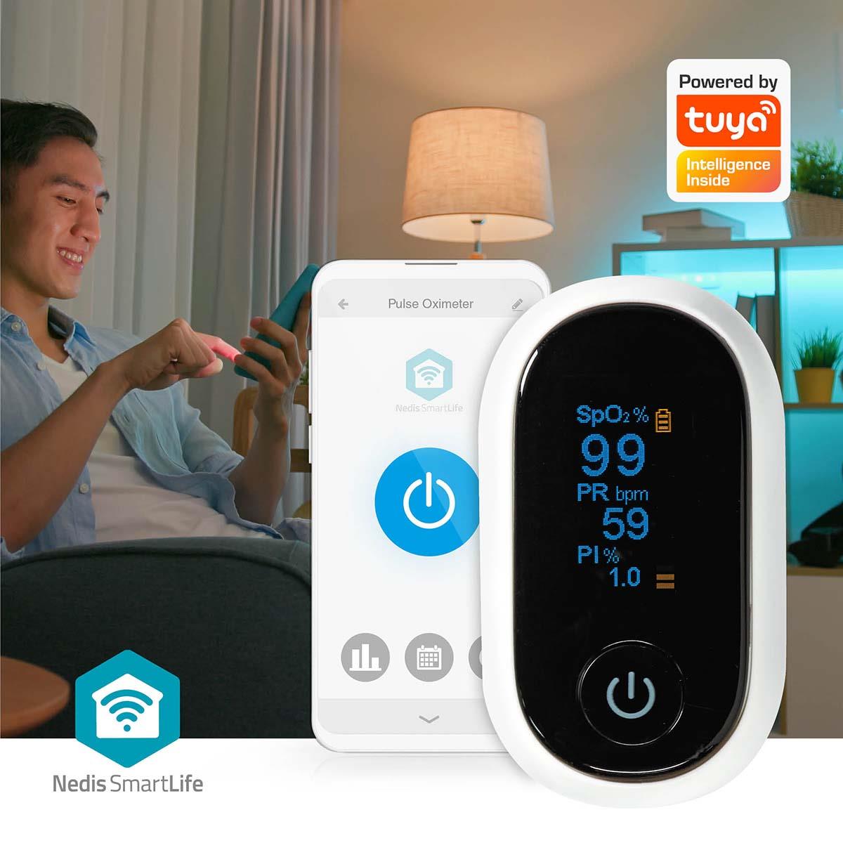 Nedis SmartLife Pulse Oximeter | Bluetooth® | OLED Display | Anti-movement interference / Auditory alarm / High precision sensor / Oxygen saturation (SpO2) / Perfusion index (PI) / Pulse rate (PR) | White