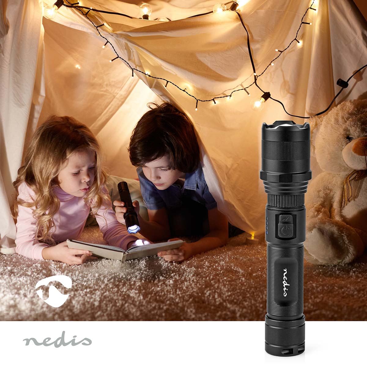 Nedis LED Torch | Battery Powered | 3.7 V DC | 10 W | N/A | Batteries included | Rechargeable | Rated luminous flux: 1000 lm | Light range: 110 m | Beam angle: 9.5 °
