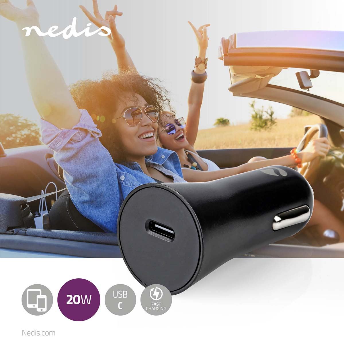 Nedis Car Charger | 20 W | 1.67 / 2.22 / 3.0 A | Number of outputs: 1 | Port type: USB-C™ | Automatic Voltage Selection