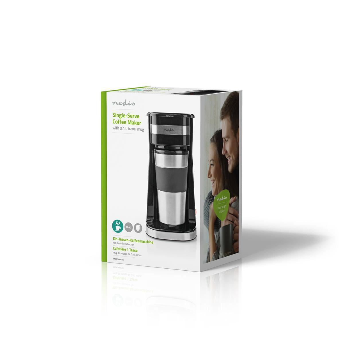 Nedis Single Serve Coffee Maker with 400ml Travel Mug, Double Wall Insulated, Stainless Steel, with Reusable Filter