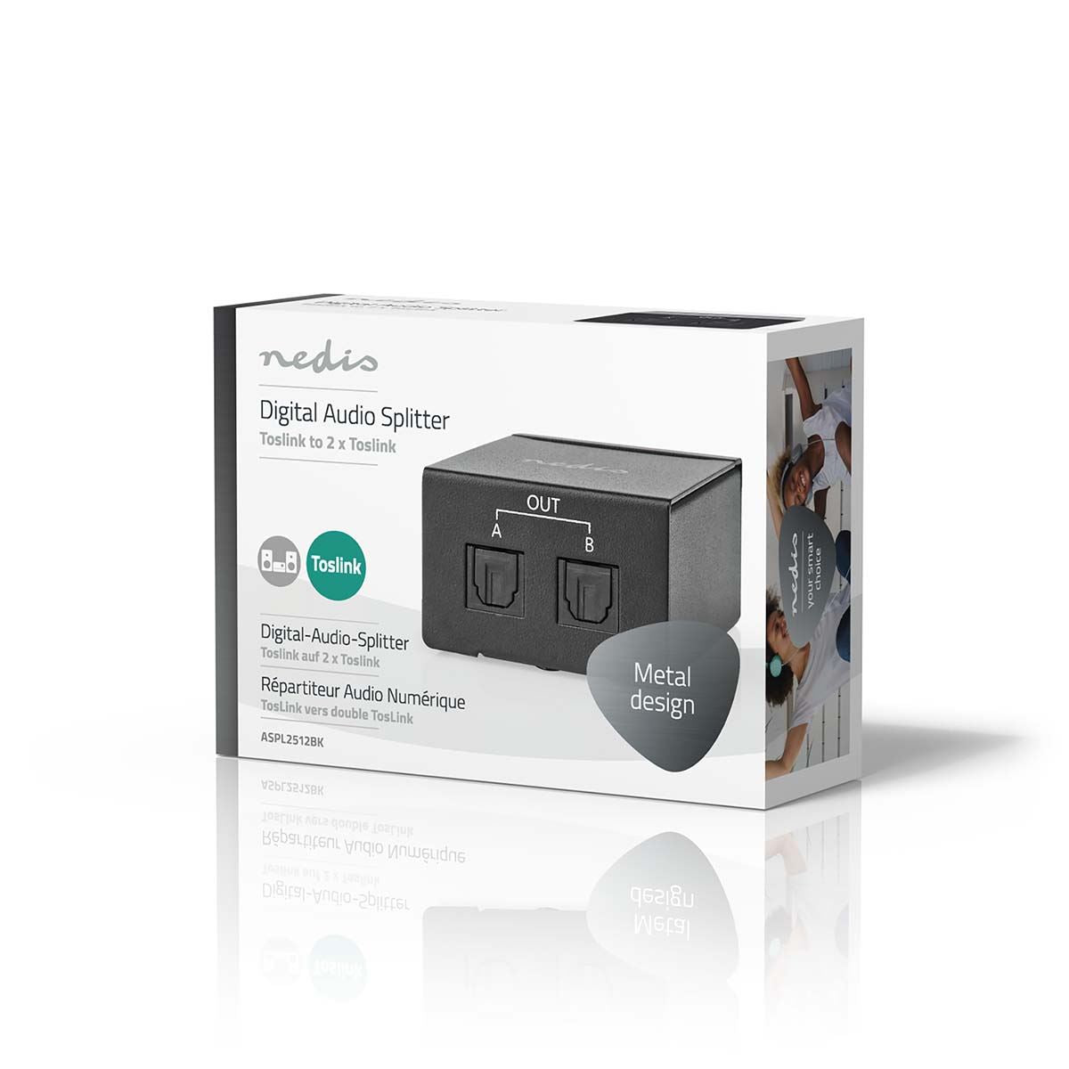 Nedis Digital Audio Splitter | 2-way | Connection input: TosLink Female | Connection output: 2x TosLink | Push Button | Metal | Black