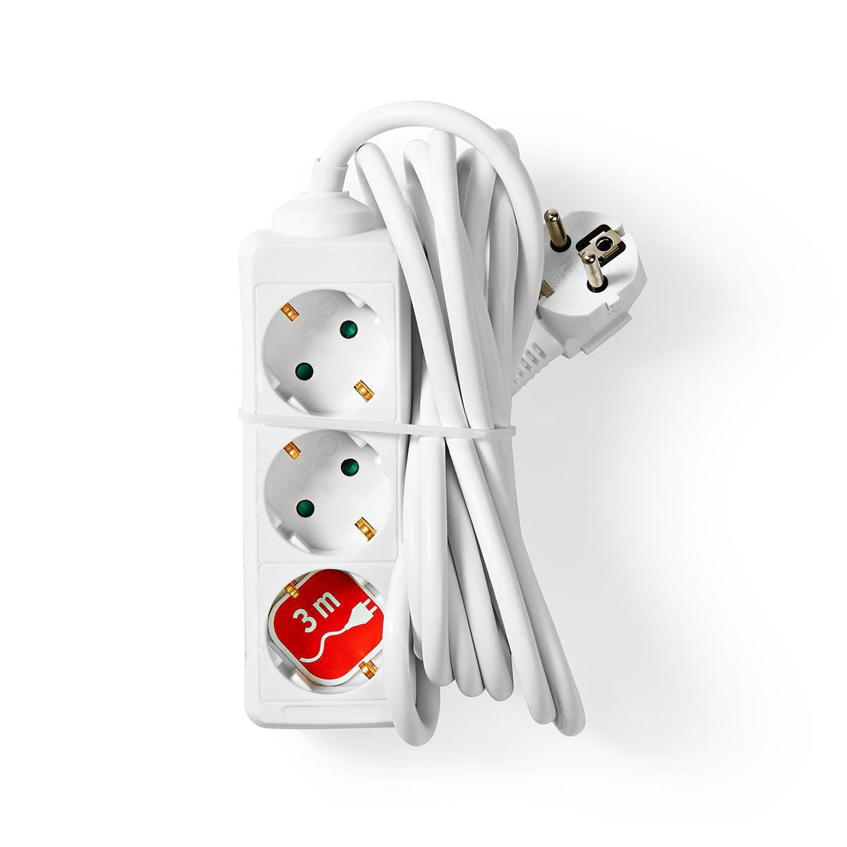 Nedis Extension Socket | Type F (CEE 7/7) | 3-Way | 3.00 m | 3680 W | 16 A | Kind of grounding: Side Contacts | 230 V AC 50/60 Hz | Socket angle: 45 ° | H05VV-F 3G1.5mm² | White