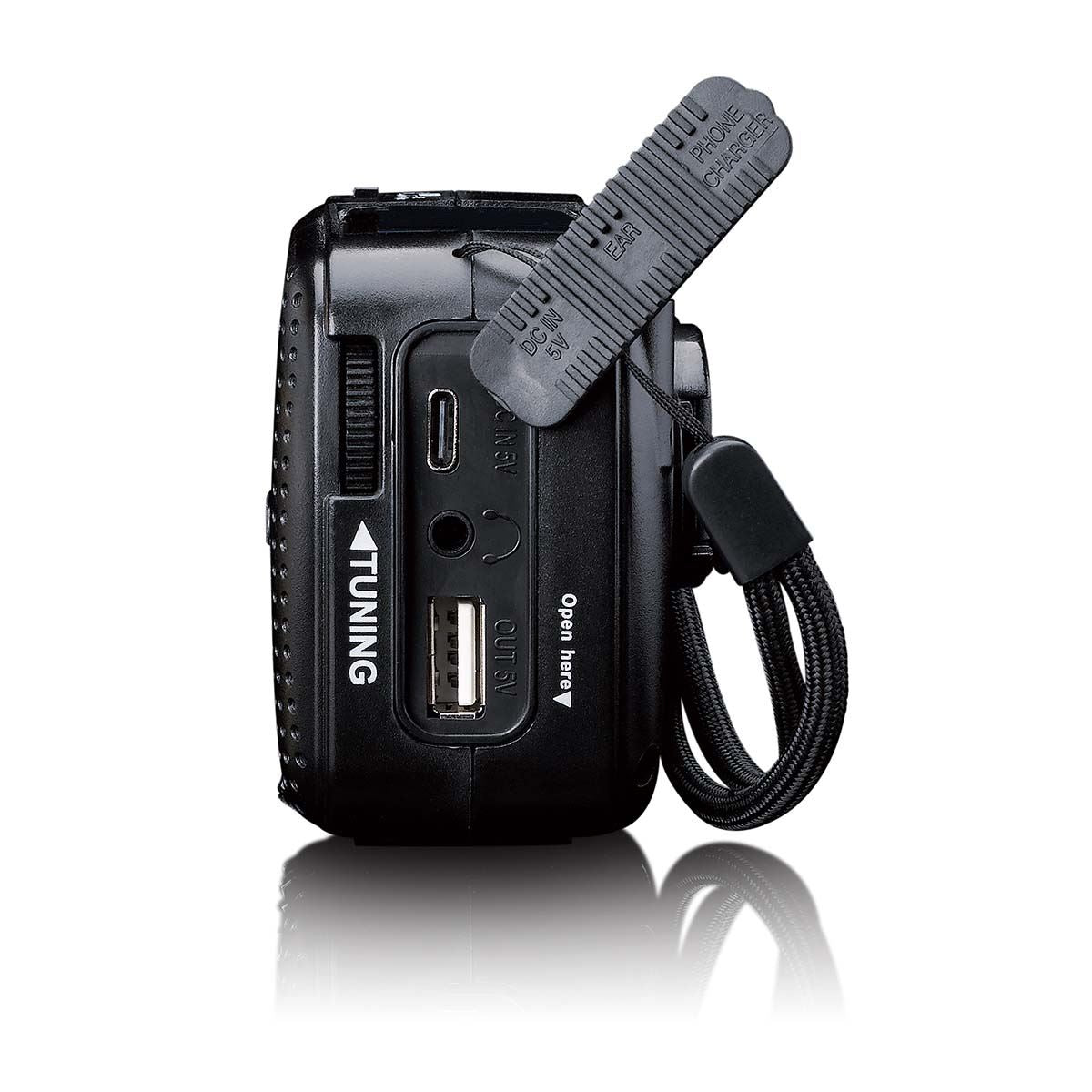 Lenco Portable wind-up Emergency FM Radio, Flashlight and Power bank in one - Black