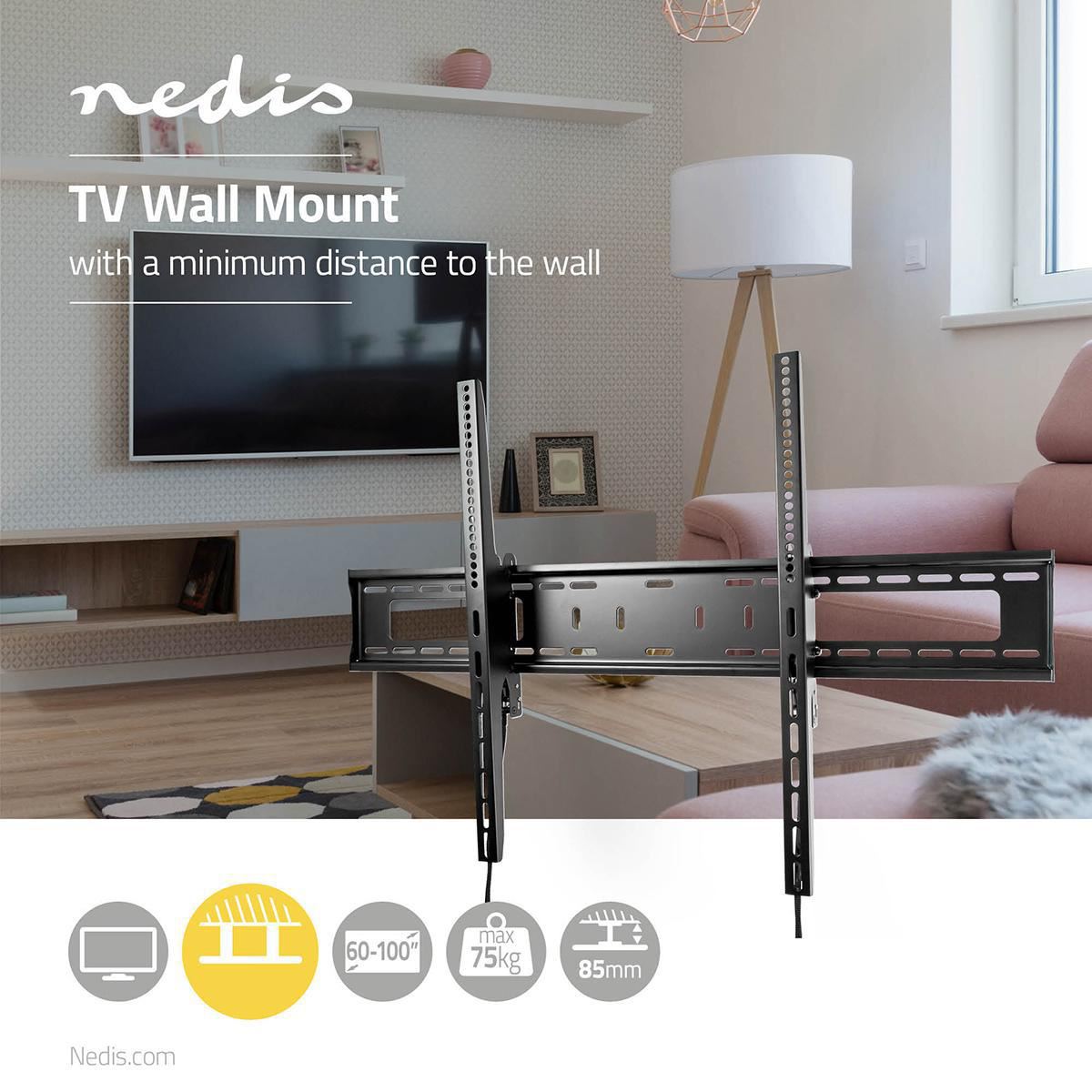 Nedis Tiltable TV Wall Mount | 60 - 100 " | Maximum supported screen weight: 75 kg | Tiltable: 5 ° | Minimum wall distance: 85 mm | Steel | Black