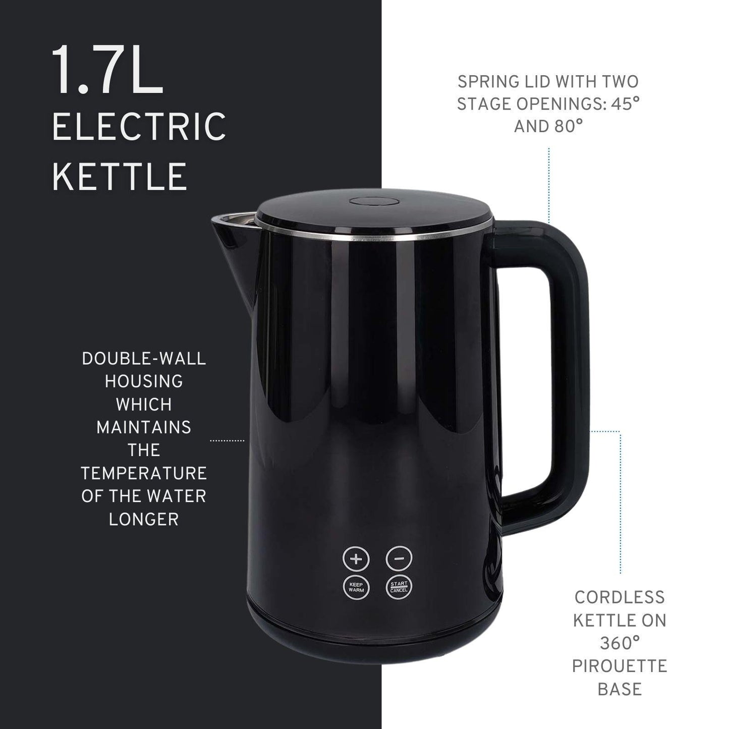 Nedis Electric Kettle | 1.7 l | Plastic | Black | 50,60,70,80,90,100 °C | Temperature indicator | Rotatable 360 degrees | Concealed heating element | Strix® controller | Boil-dry protection