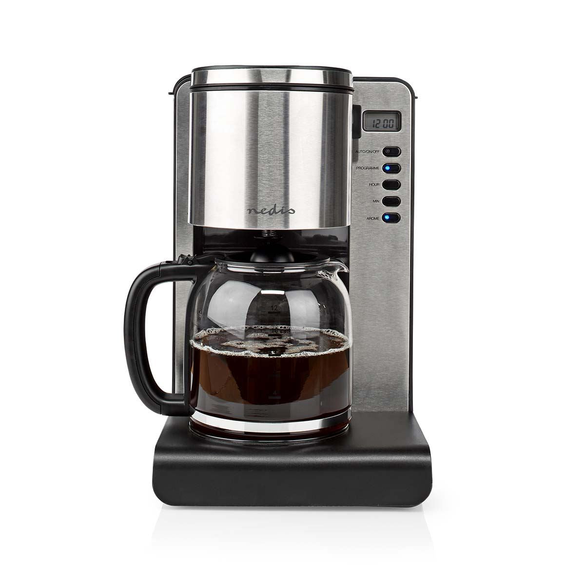 Nedis Coffee Maker | Filter Coffee | 1.5 l | 12 Cups | Keep warm feature | Switch on timer | LCD display | Clock function | Aluminium / Black