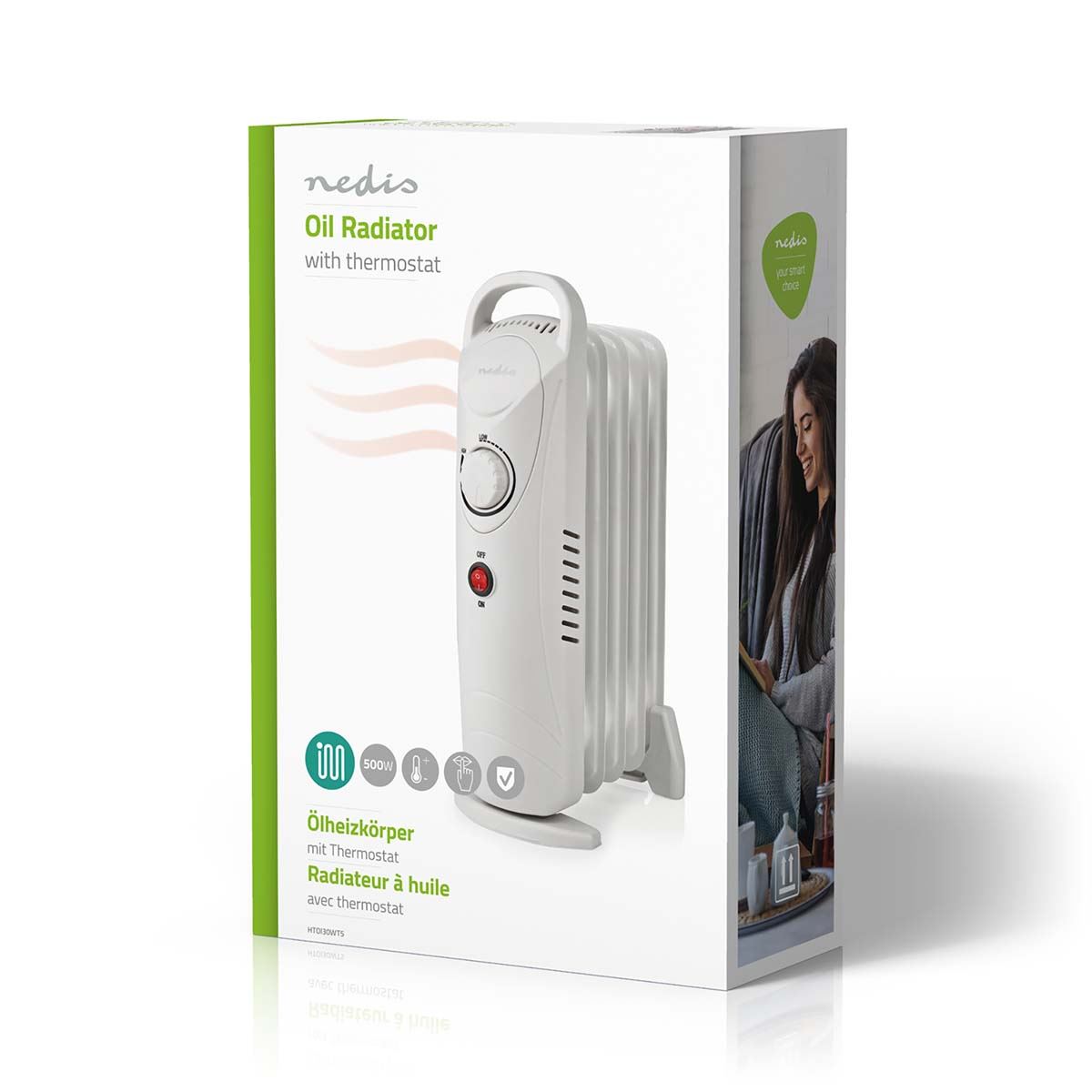 Nedis Mobile Oil Radiator | 500 W | 5 Fins | Adjustable thermostat | 1 Heat Setting | White