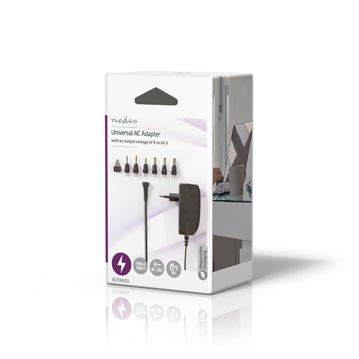 Nedis Universal EU AC Power Adapter | 24 W | 9 - 24 V DC | 1.80 m | 1.0 - 1.5 A | 6 plug(s) | Black