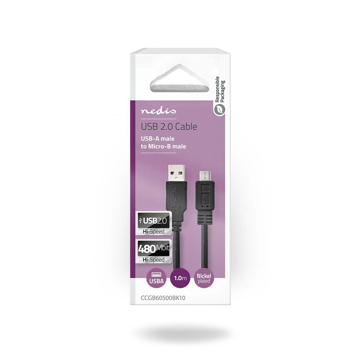 Nedis CCGB60500BK10 | USB Cable | USB 2.0 | USB-A Male | USB Micro-B Male | 480 Mbps | Nickel Plated | 1.00 m | Round | PVC | Black | Box