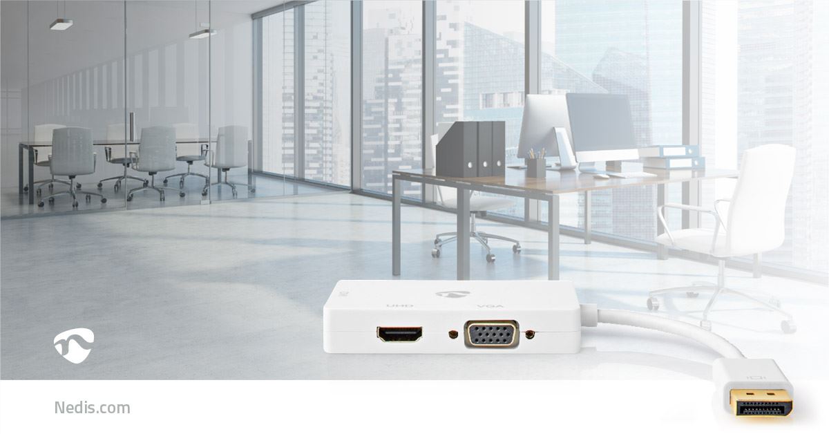 Nedis DisplayPort Adapter | Mini DisplayPort Male | DVI-D 24+1-Pin Female / HDMI™ Output / VGA Female | 4K@60Hz | Gold Plated | Switchable | 0.20 m | Round | ABS | ABS | White | Polybag