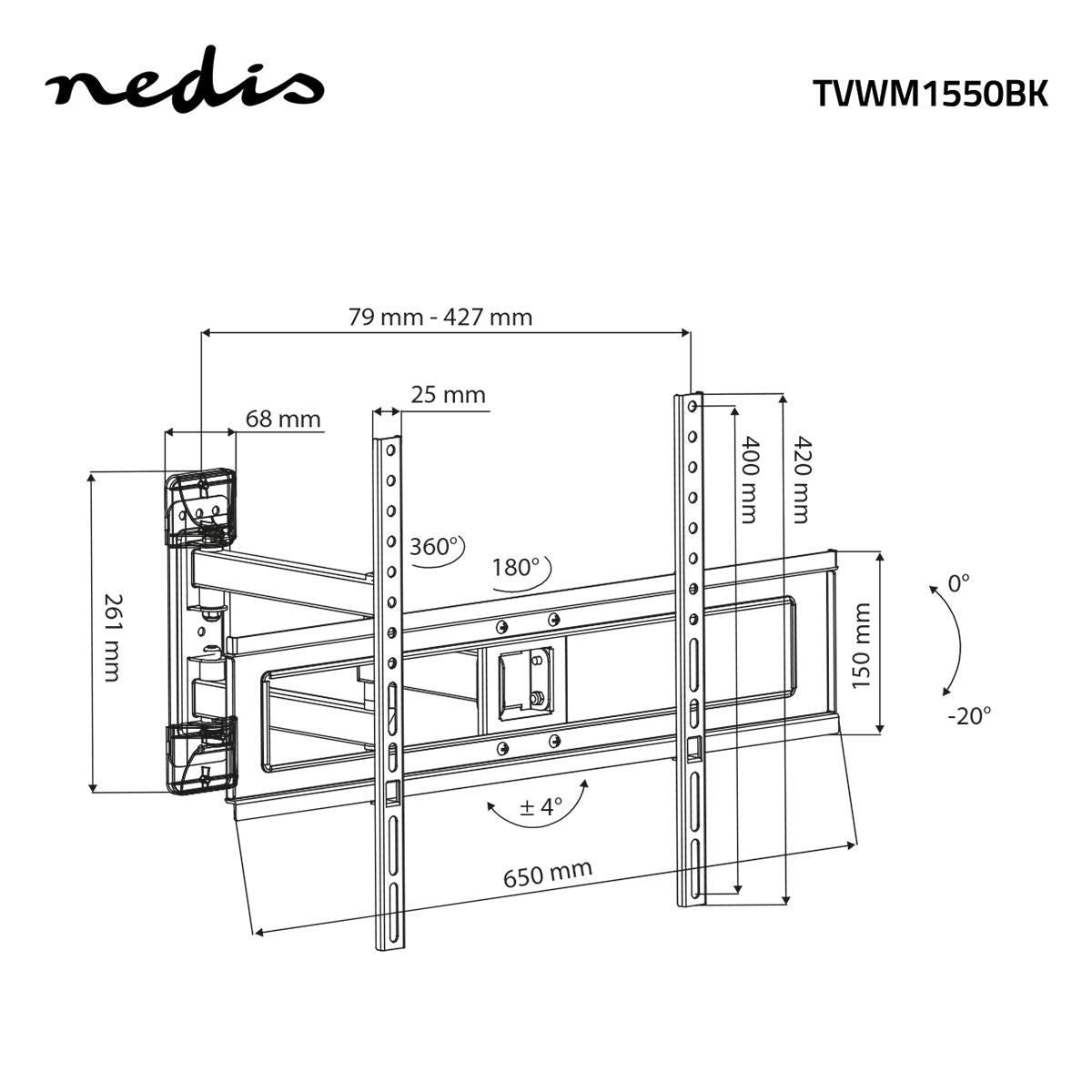 Nedis Full Motion TV Wall Mount | 37 - 70 " | Maximum supported screen weight: 25 kg | Tiltable | Rotatable | Minimum wall distance: 79 mm | Maximum wall distance: 427 mm | 3 Pivot point(s) | ABS / Steel | Black